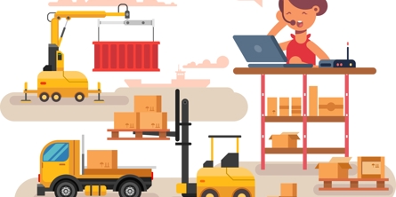 Tegning af en dame, der snakker i telefon ved et pakkebord og en gaffeltruck med kasser på gaflen, der er ved at læsse en gul lastbil og en kran, der flytter en container. Tegningen skal illustrere en klassisk værdikæde