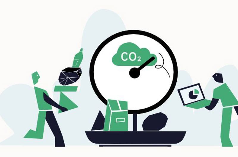 Tegning, der viser en kæmpe købmandsvægt, hvor der står CO2 i displayet. Ved siden af vægten stør to personer med favnen fuld af ting, som de ser ud til at ville lægge på vægten. Tegningen er det officielle billede for Klimakompasset
