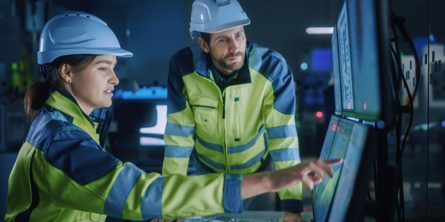 Mand og kvinde iført hvide sikkerhedshjelme og gule refleksjakker kigger sammen på en computerskærm, hvor kvinden peger på noget