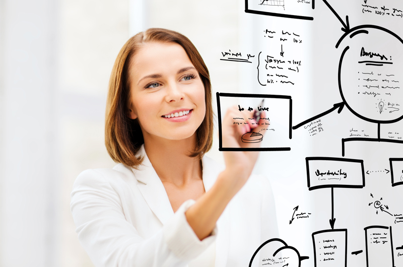 Kvinde i hvidt tøj og med hvid baggrund skriver sorte tegn og streger med sort tusch på en gennemsigtig plade