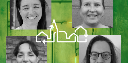 Collage med sort-hvide portrætfotos af de fire nye medarbejdere i Ressource City