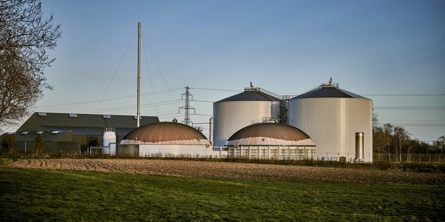Solrød Biogas' anlæg: To store runde siloer i lyst metal og to brune, runde kupler. Himmelen er blå og foran anlægget er der grønt græs